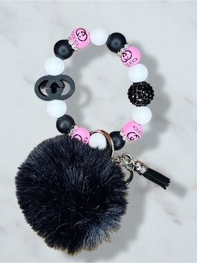 Fashion GG Hot Pink and Black Pom Pom Wristlet Keychain
